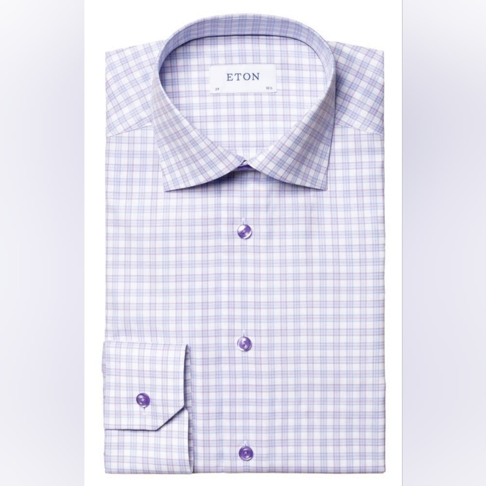 Eton Men's Contemporary Fit Stretch Plaid Dress Shirt in Light Pastel Purple at